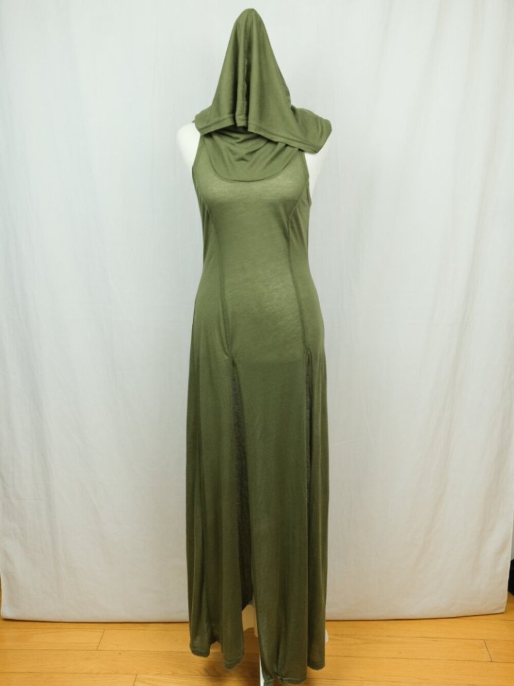 Dolls Kill Darker WAVS Slit Maxi Dress Hooded Olive Green Size S